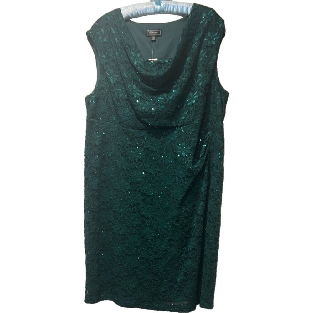 NWT Dressbarn Emerald Green Sequin Lace Midi Dress - Plus Size 22 W | Cowl Neck